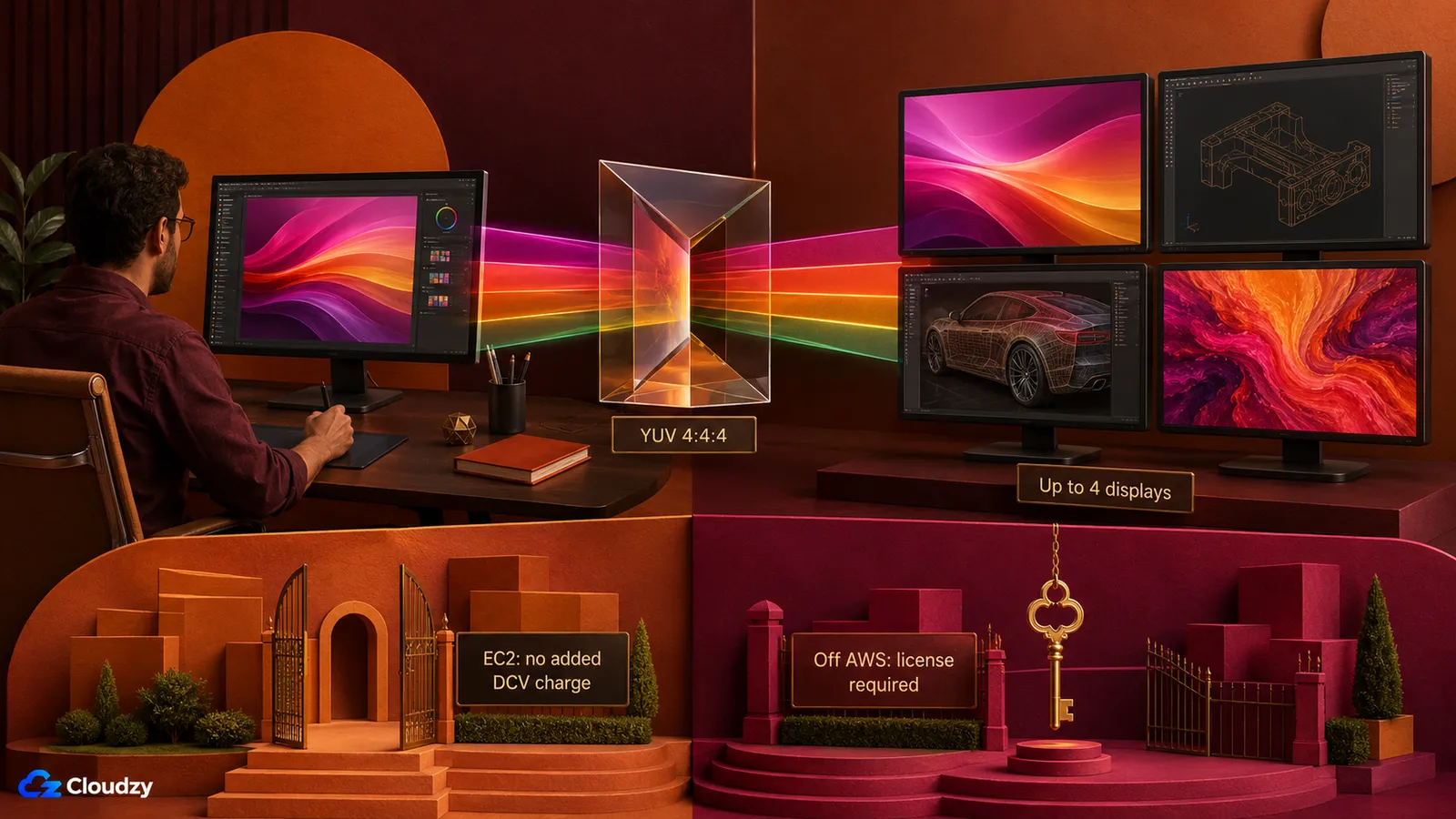 Amazon DCV as an HP Anyware alternative: no additional DCV server charge on AWS EC2 versus a required concurrent RLM license off AWS, alongside its YUV 4:4:4 high-color-accuracy mode and four-monitor support