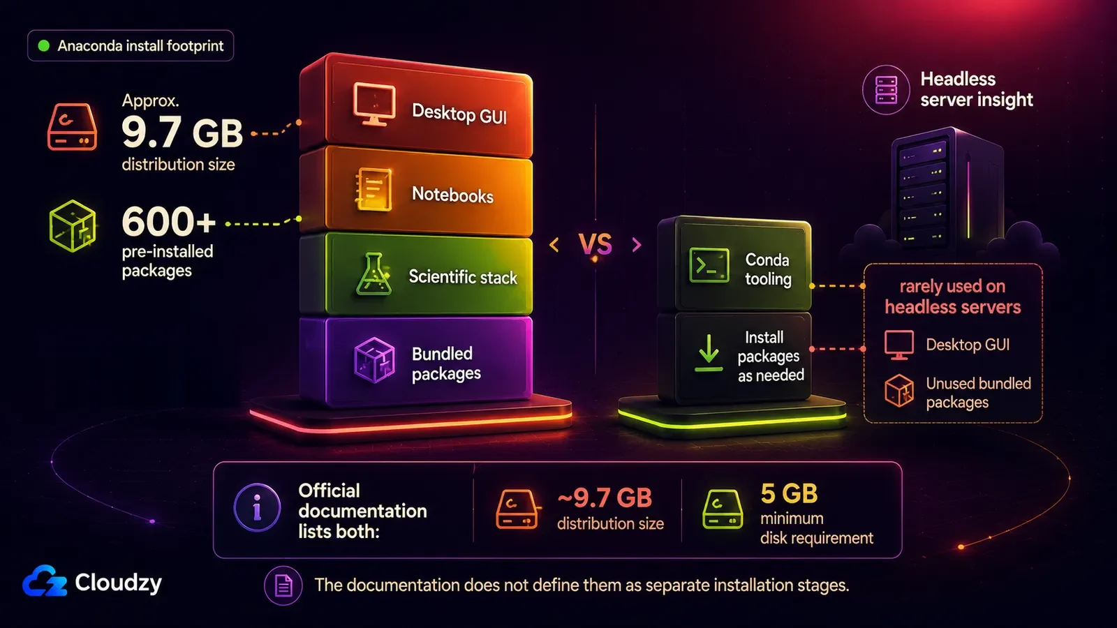 Anaconda install footprint next to a minimal conda setup: roughly 9.7 GB distribution size, 600+ pre-installed packages and a 5 GB minimum disk requirement, against conda tooling that installs packages only as needed