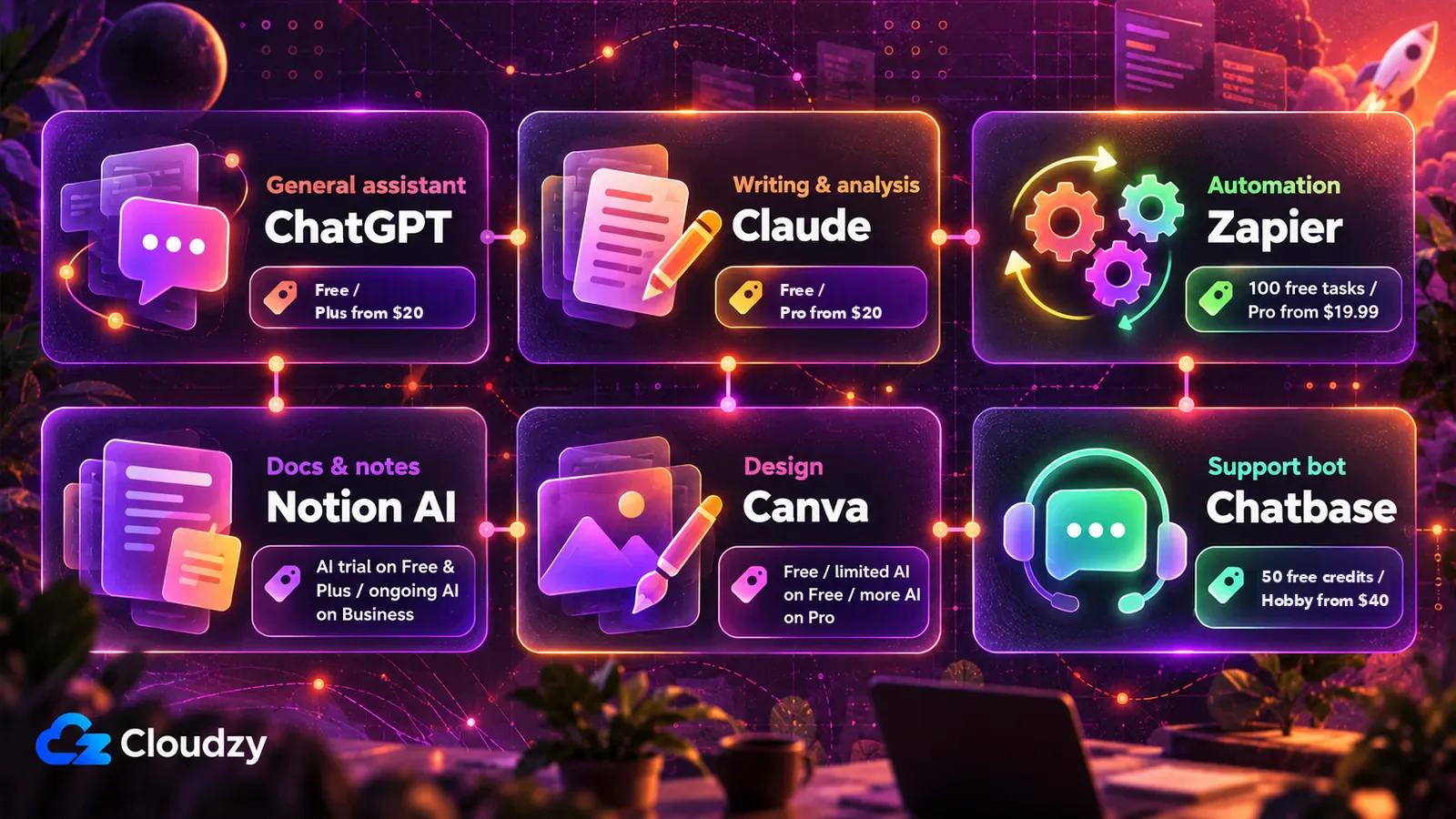 Six AI tools for startups and their entry prices: ChatGPT free or Plus from $20, Claude free or Pro from $20, Zapier with 100 free tasks or paid from $19.99, Notion AI as a trial on Free and Plus with ongoing AI on Business, Canva with limited AI on Free and more on Pro, and Chatbase with 50 free credits or Hobby from $40