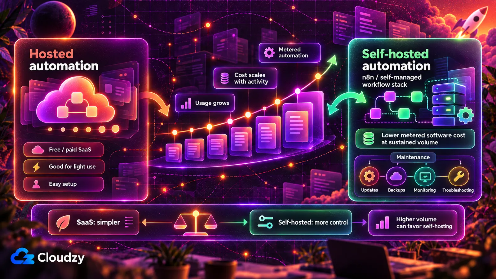 Hosted automation compared with self-hosted automation: hosted SaaS cost climbs as usage grows, while a self-hosted n8n stack lowers metered software cost at sustained volume in exchange for updates, backups, monitoring and troubleshooting
