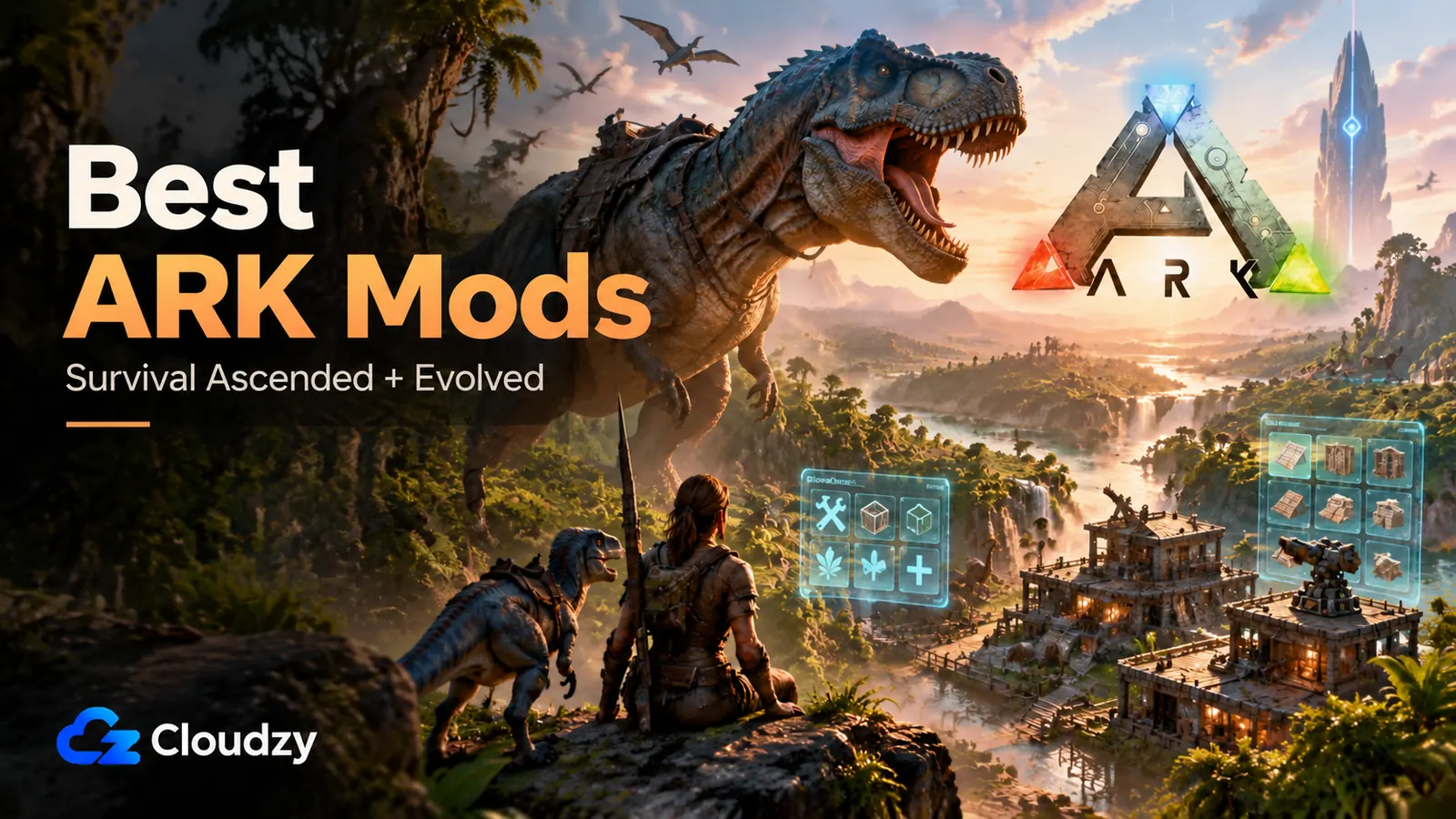 Best ARK Mods for Survival Ascended and Evolved: a rex and a survivor overlooking a jungle base, with mod menus floating beside the buildings