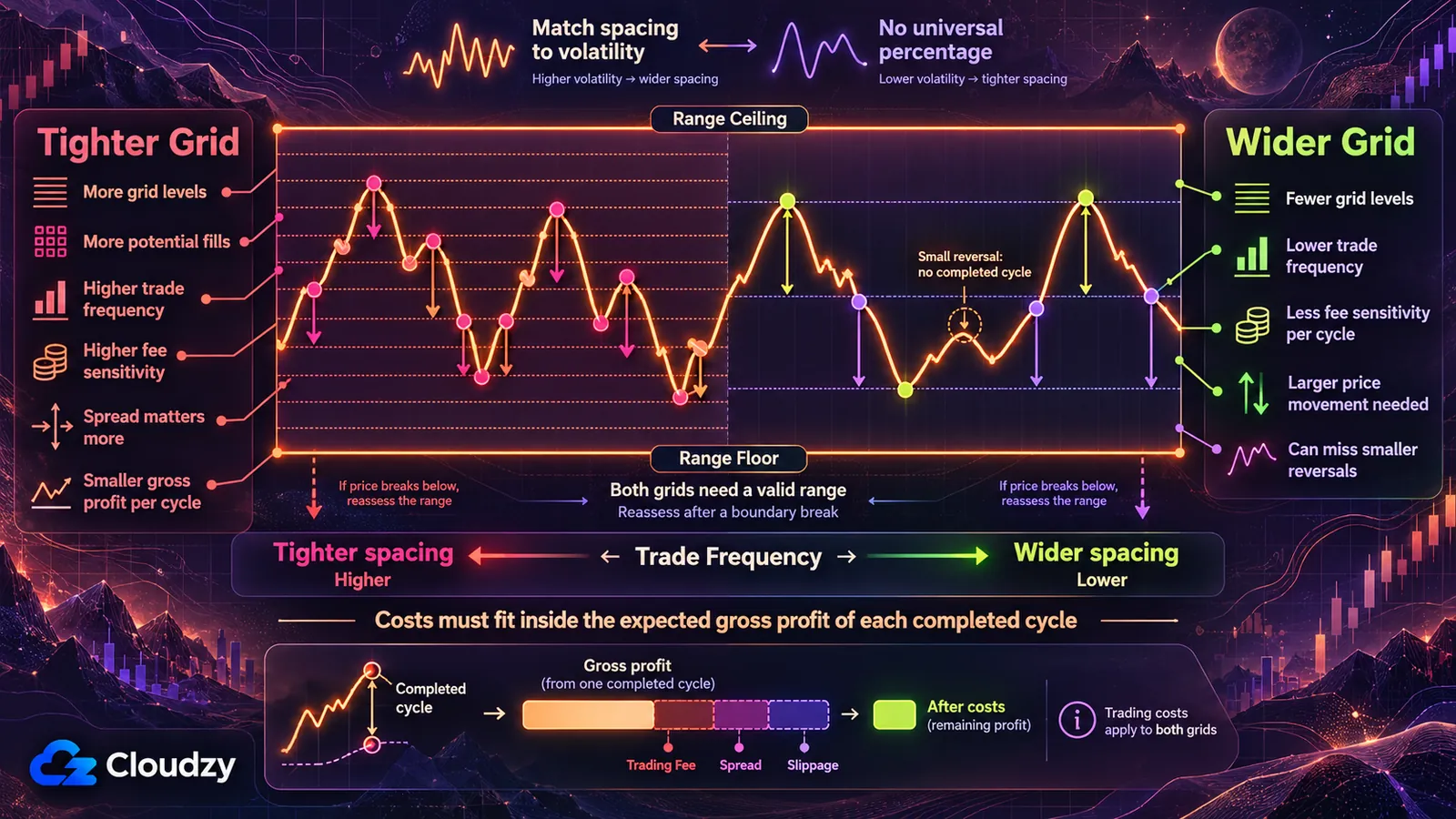 Diagram comparing tighter and wider grid spacing, trade frequency, fee sensitivity, and the costs deducted from each completed cycle.