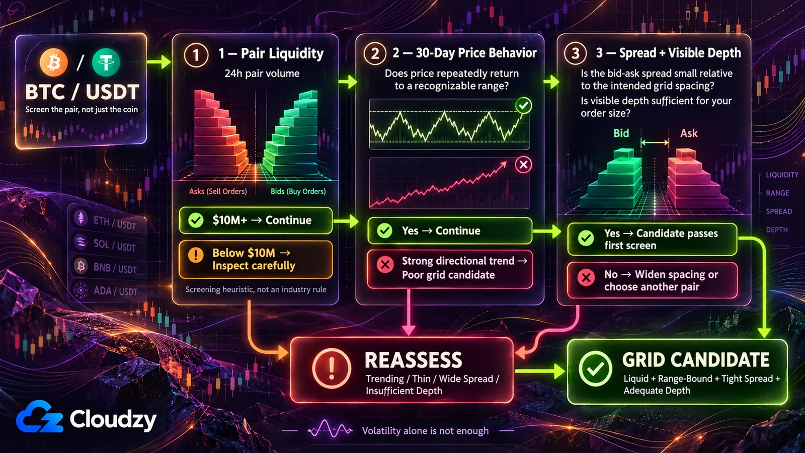 A three-step checklist for screening a crypto pair by 24-hour volume, 30-day price behavior, spread, and visible order-book depth.