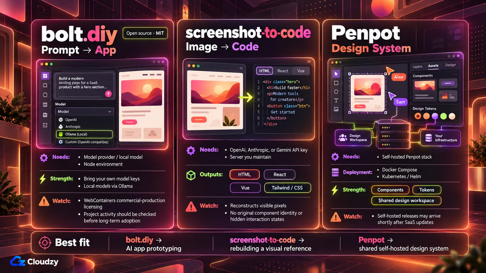 Three self-hostable tools side by side: bolt.diy for prompt-to-app prototyping with your own model keys or local models through Ollama, screenshot-to-code for turning an image into HTML, React, or Vue with an OpenAI, Anthropic, or Gemini key, and Penpot as a shared self-hosted design workspace deployed with Docker Compose or Kubernetes and Helm