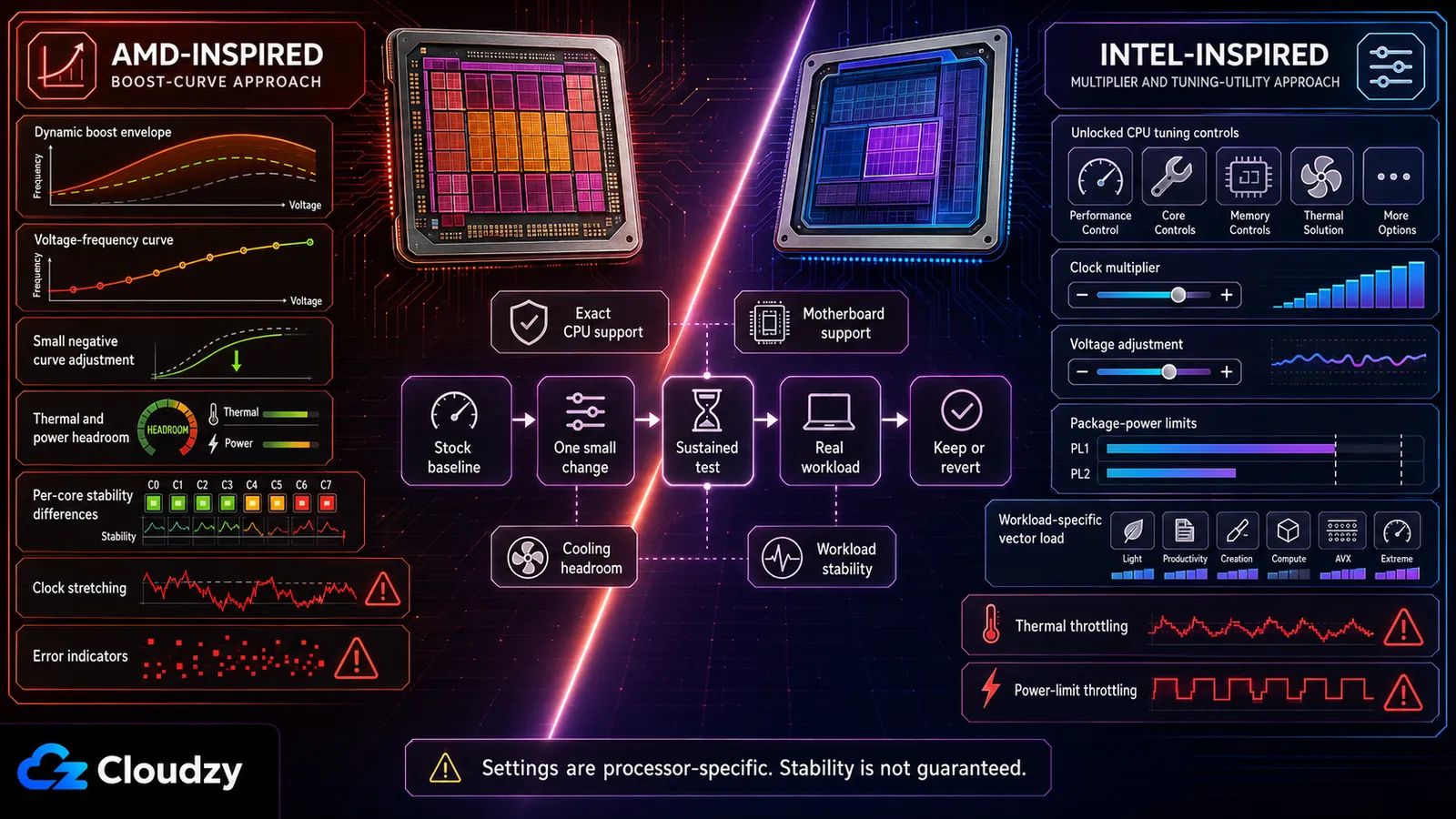 Comparison of the AMD boost-curve tuning approach on the left and the Intel multiplier and tuning-utility approach on the right, with a shared validation loop running from stock baseline through one small change, a sustained test, and the real workload