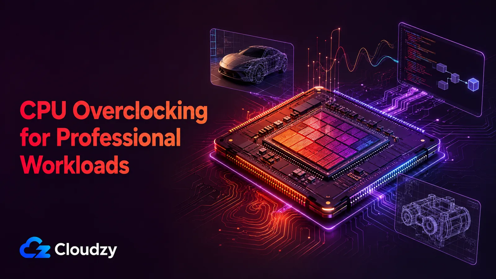 CPU Overclocking for Professional Workloads: a glowing processor die surrounded by CAD wireframes, a code editor, and a clock-frequency graph