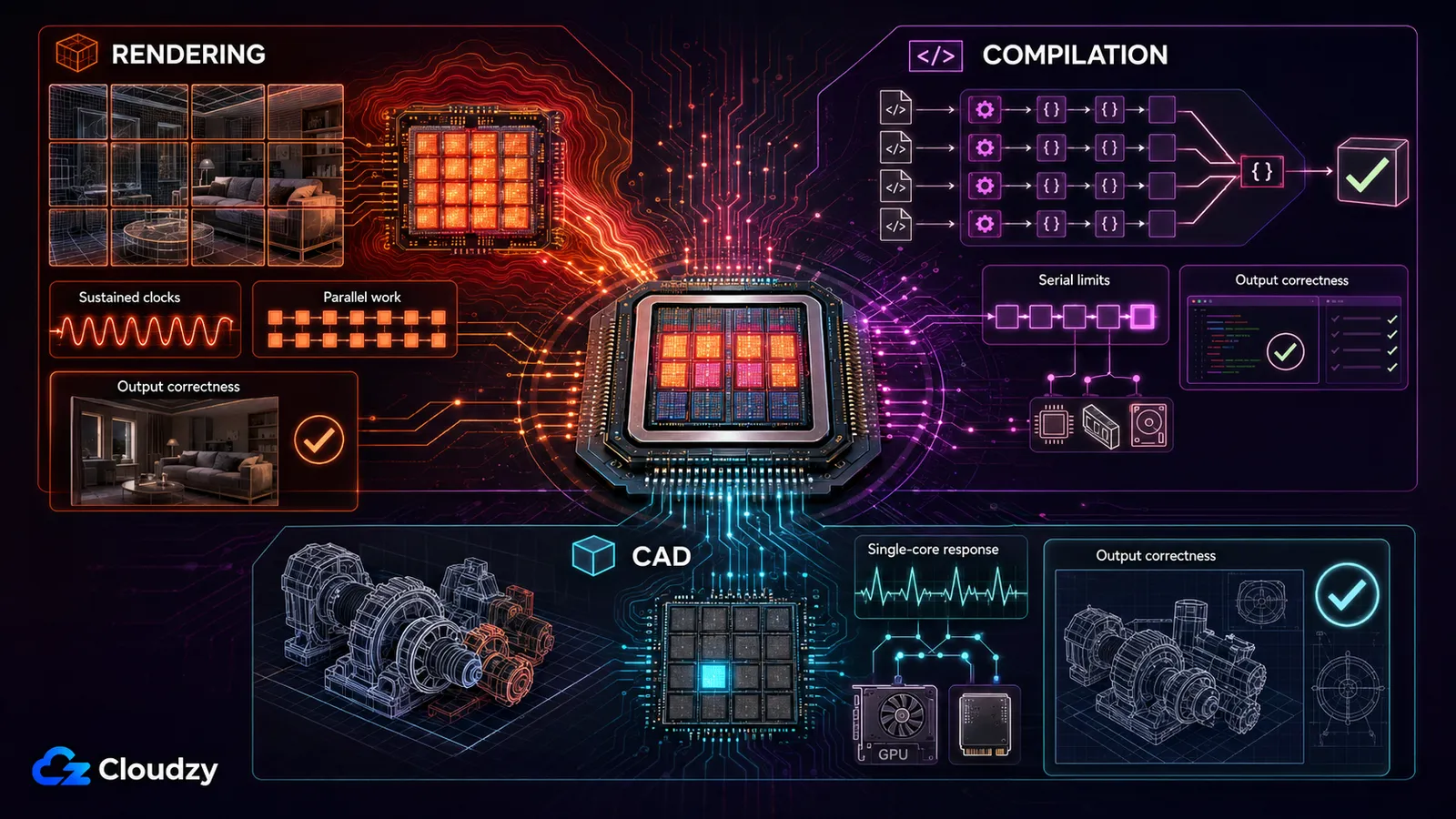 Diagram splitting CPU demand into three panels: rendering needs sustained clocks and parallel work, compilation runs into serial limits and output correctness checks, and CAD depends on single-core response alongside the GPU