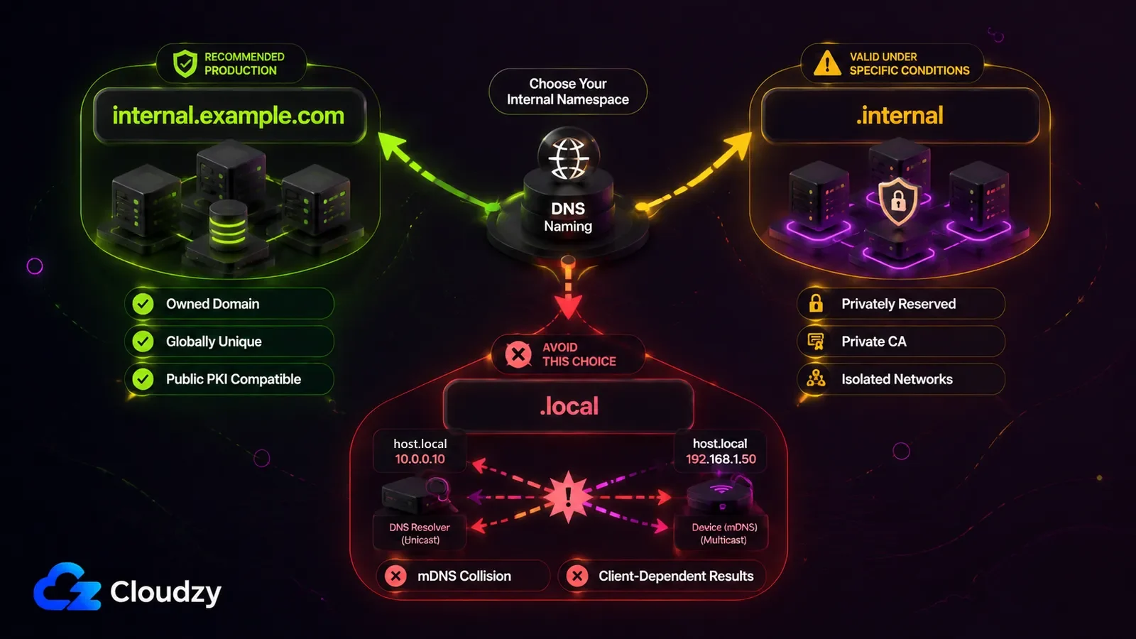 Comparison of three internal DNS namespace choices: an owned subdomain recommended for production because it is globally unique and compatible with public PKI, the reserved .internal namespace valid under specific conditions on isolated networks with a private CA, and .local to avoid because it collides with mDNS and gives client-dependent results