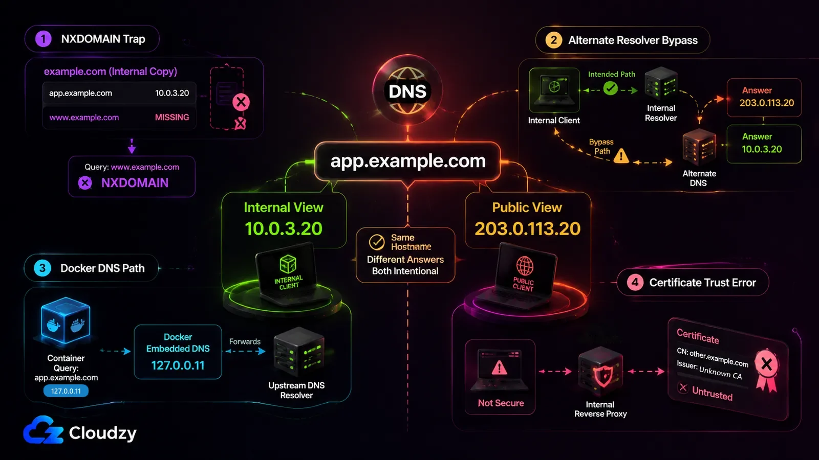 Split-horizon DNS diagram showing one hostname answered with a private address internally and a public address externally, plus four failure modes: the NXDOMAIN trap on a missing internal record, an alternate resolver bypassing the intended view, Docker's embedded resolver forwarding upstream, and an untrusted certificate on an internal reverse proxy