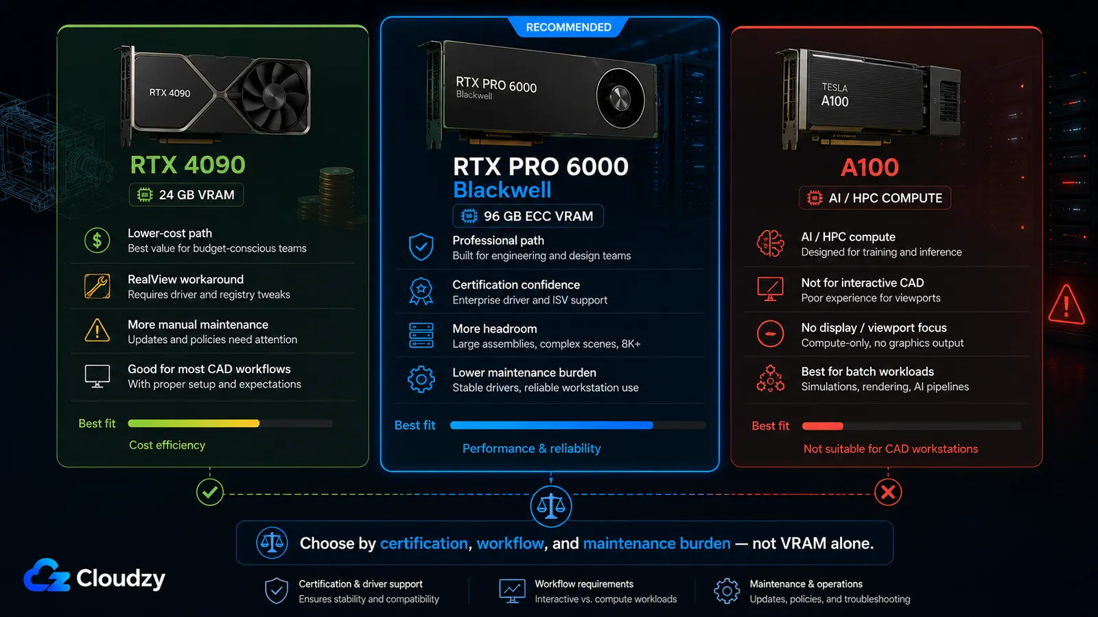 Comparison of RTX 4090 (24 GB, lower cost, RealView workaround required), RTX PRO 6000 Blackwell (recommended, 96 GB ECC VRAM, professional certification), and A100 (AI/HPC compute only, not suitable for CAD workstations)