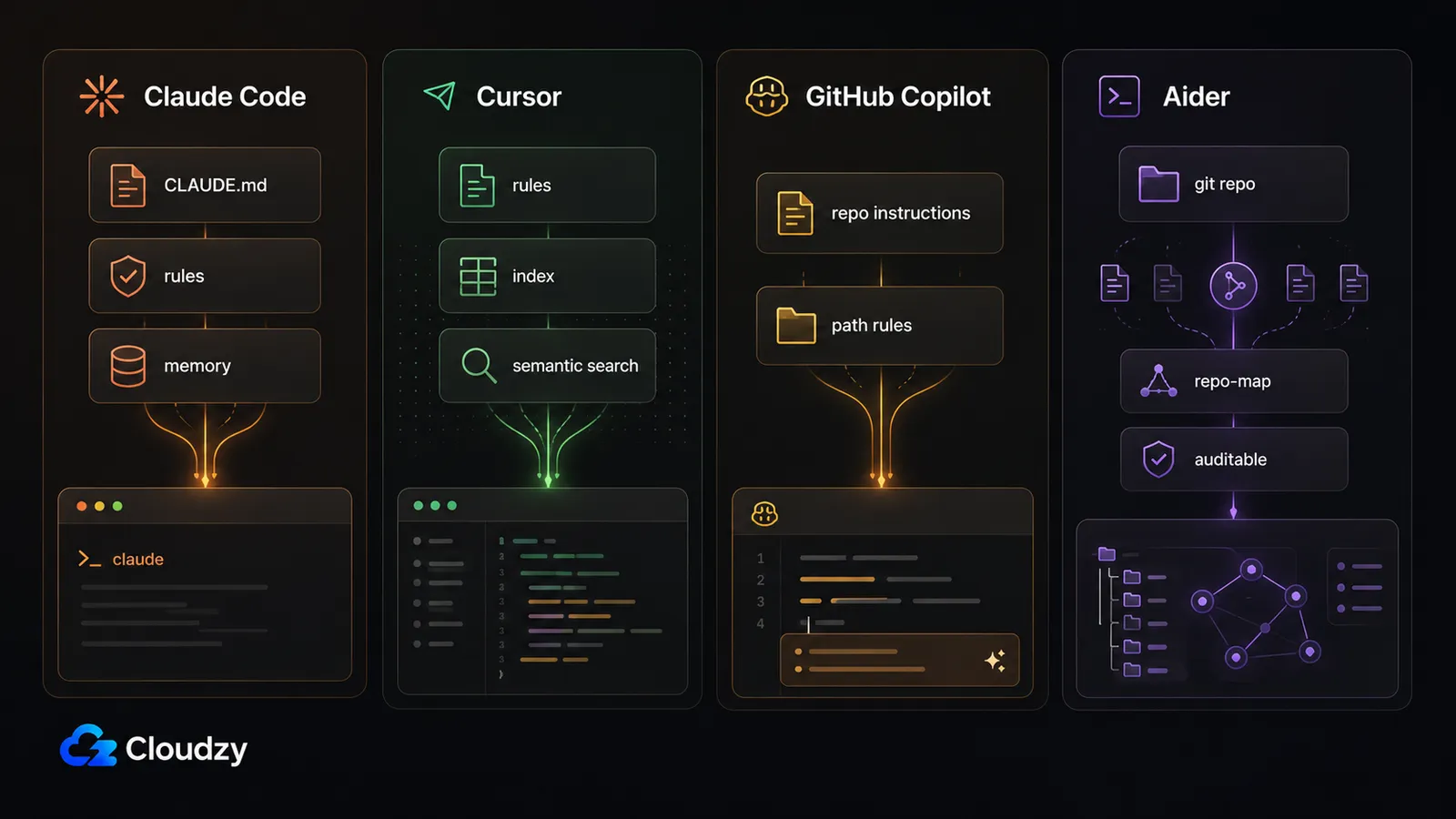 Comparison of four AI coding agents and how they load context before the first message: Claude Code file hierarchy, Cursor rule files and semantic index, GitHub Copilot instruction files, Aider repo-map