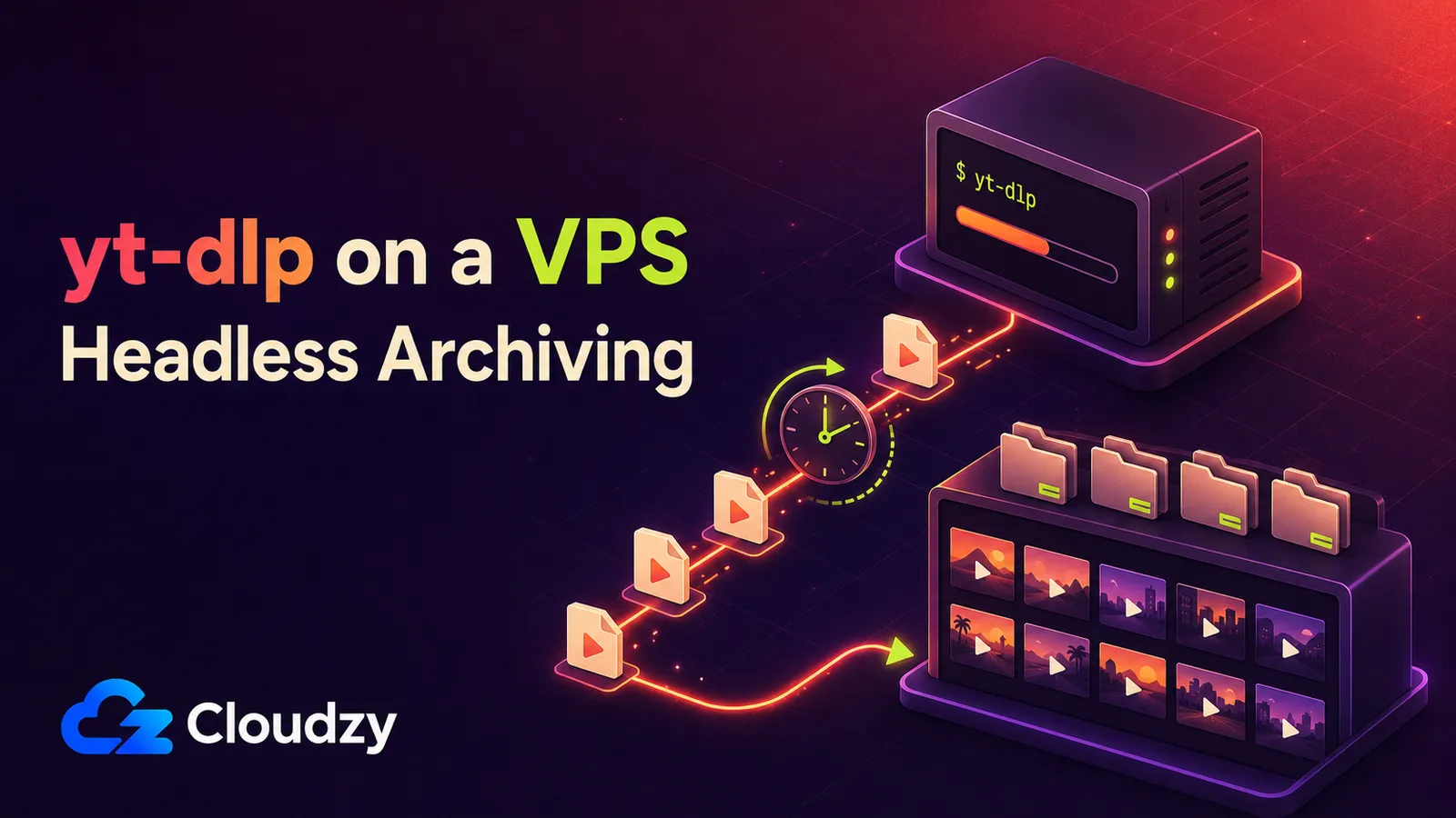 yt-dlp running headless on a VPS, feeding scheduled downloads into an organized video library that a media server can scan